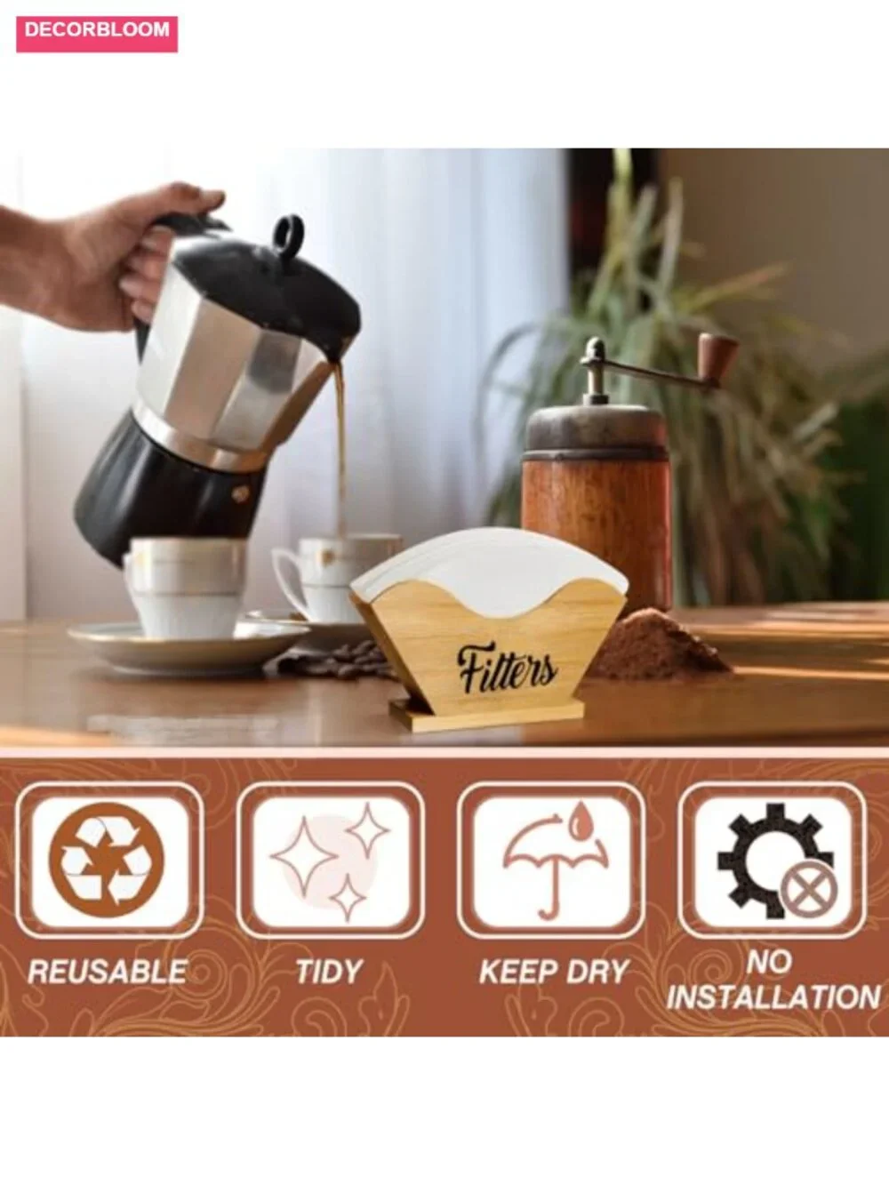 Solid Wood Farmhouse Coffee Filter Holder Storage Bamboo Color